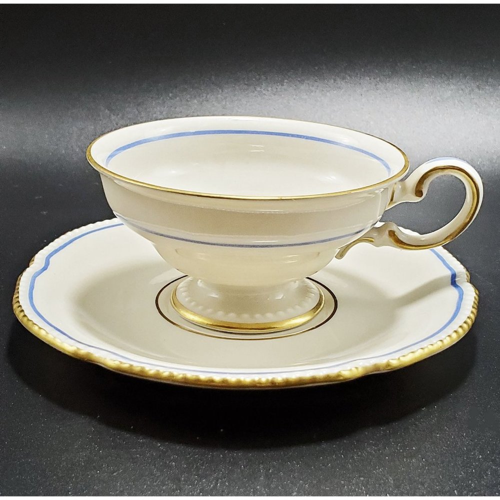 Castleton China Vintage EMPIRE Footed Tea Cup & Saucer Set Blue Wreath Gold Trim
